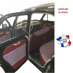 Panneaux de porte en tissu rayé rouge & skaï bordeaux Renault Dauphine